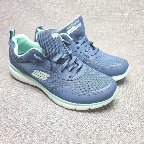 Skechers Shoes - Skechers Lite-Weight Sneakers Women 10 Navy Blue Mint Green Mesh Athletic Shoes